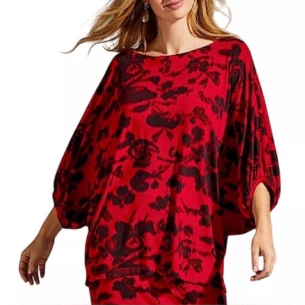 Bryn Walker XXS Wilder Red Flori Print Viscose Jersey Elbow Dolman Sleeve Tunic